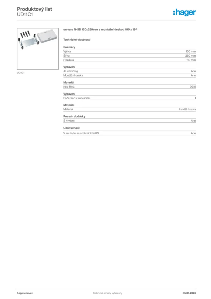 Obrázek Hager Product data sheet UD11C1 | Hager