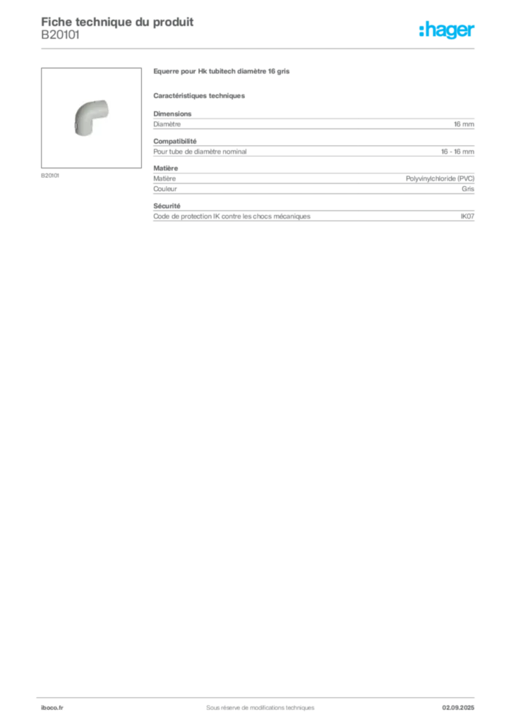 Image Iboco Fiche technique du produit B20101 | Hager France