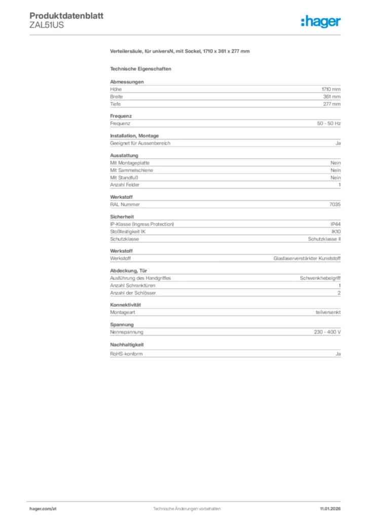 Bild Hager Produktdatenblatt ZAL51US | Hager Deutschland