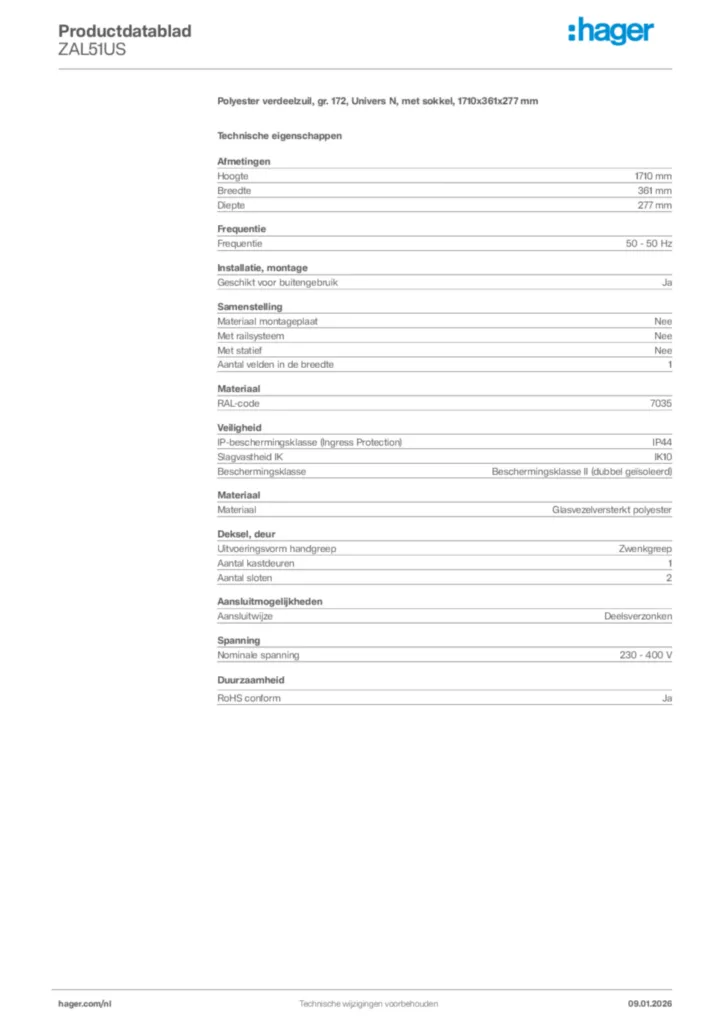 Afbeelding Hager Productdatablad ZAL51US | Hager Nederland