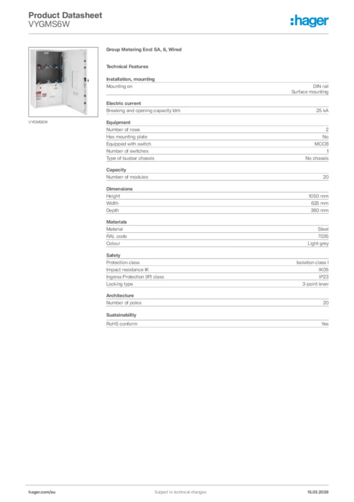 Image Hager Product data sheet VYGMS6W  | Hager Australia