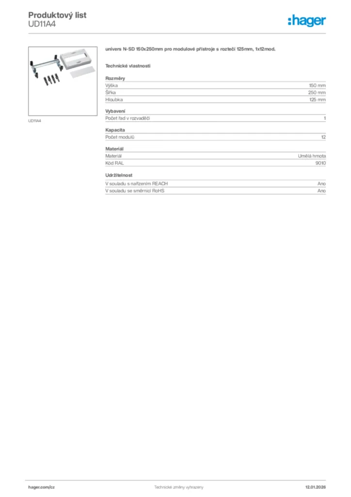 Obrázek Hager Product data sheet UD11A4 | Hager