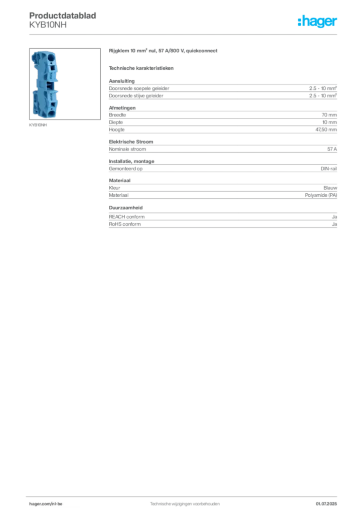Afbeelding Hager Productdatablad KYB10NH | Hager Belgium