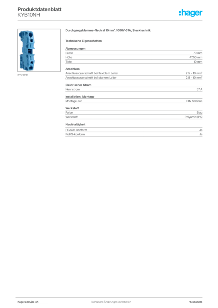 Bild Hager Produktdatenblatt KYB10NH | Hager Schweiz