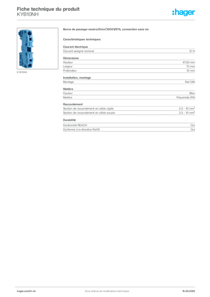 Image Hager Fiche technique du produit KYB10NH | Hager Suisse
