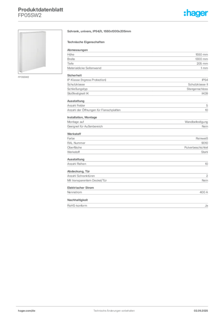 Bild Hager Produktdatenblatt FP05SW2 | Hager Deutschland
