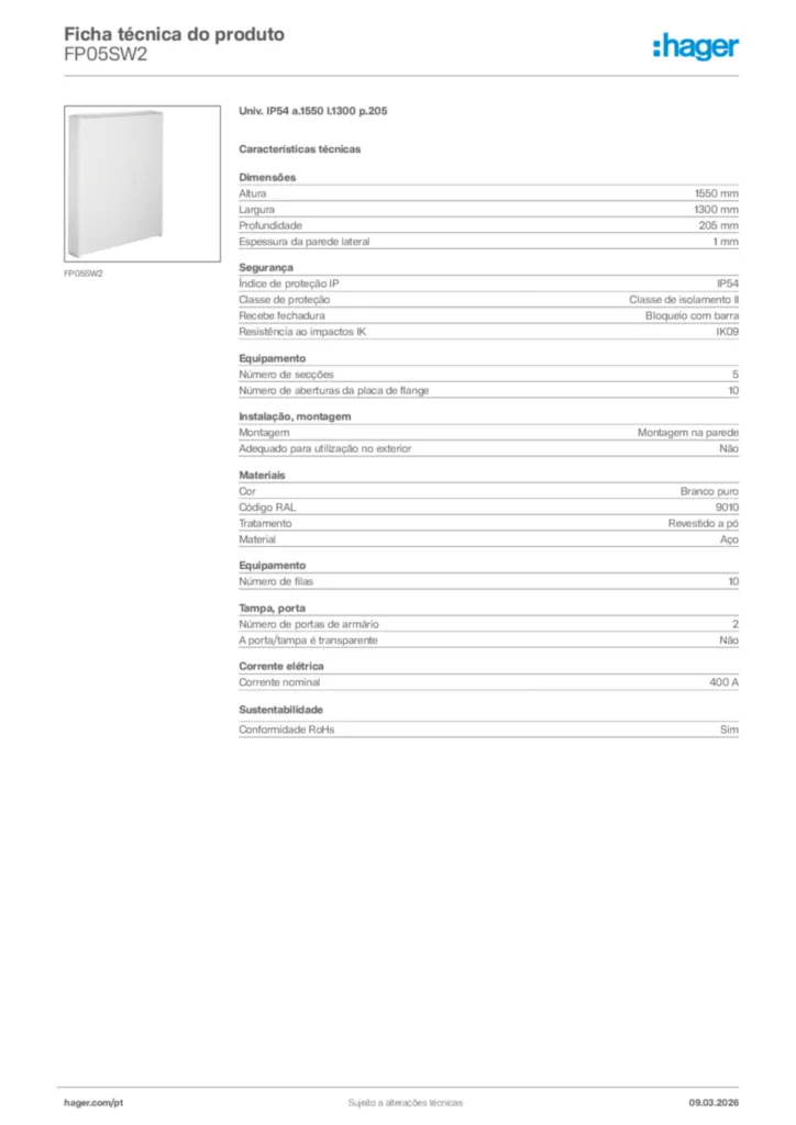 Imagem Hager Ficha técnica do produto FP05SW2 | Hager Portugal