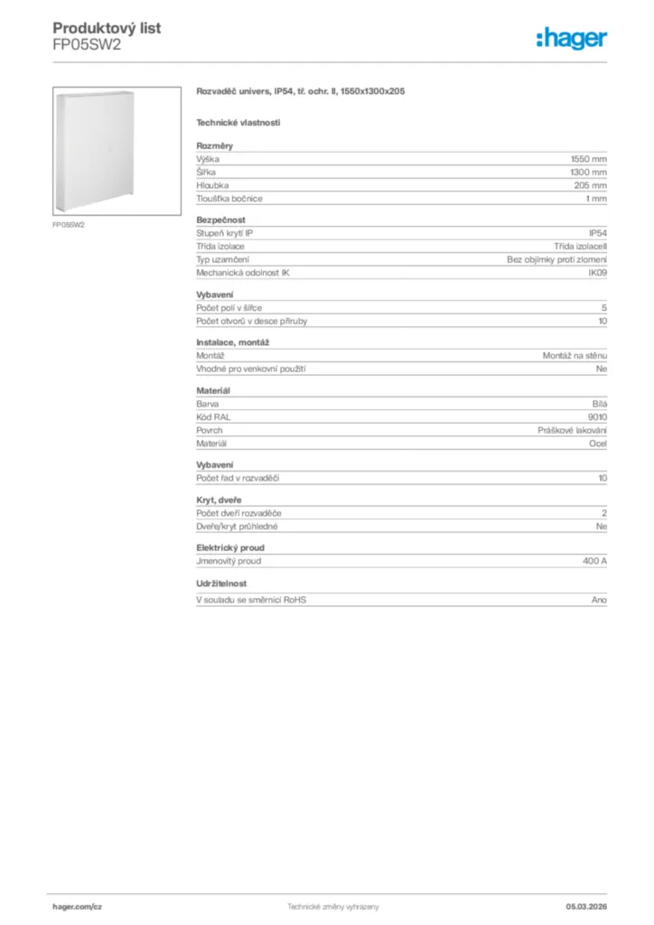 Obrázek Hager Product data sheet FP05SW2 | Hager