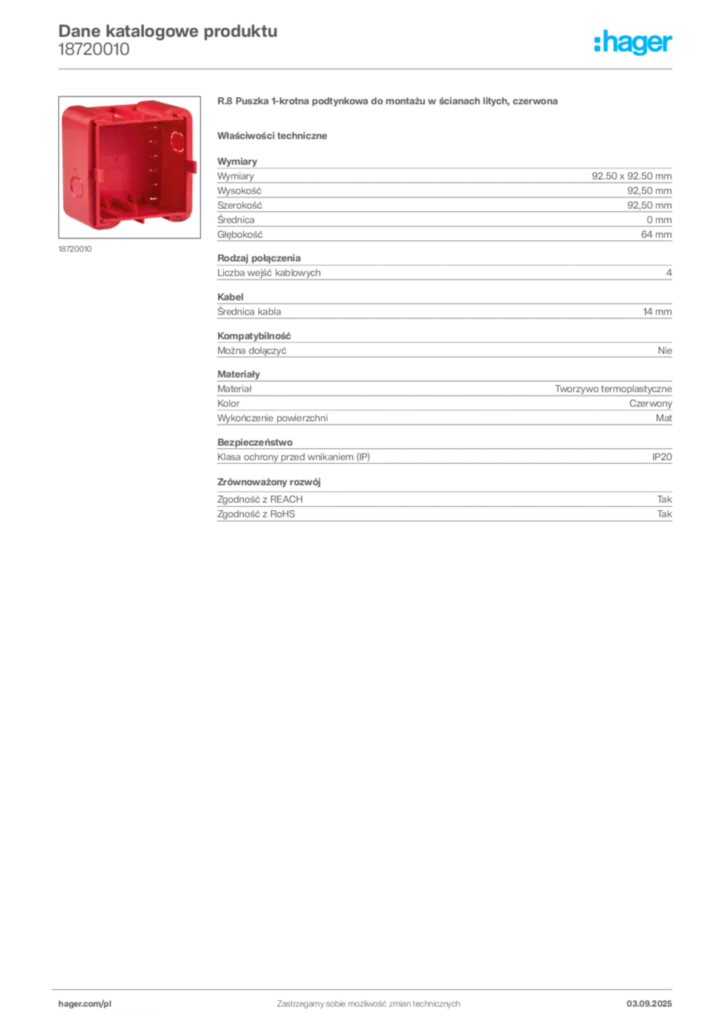 Zdjęcie Hager Karta katalogowa 18720010 | Hager Polska