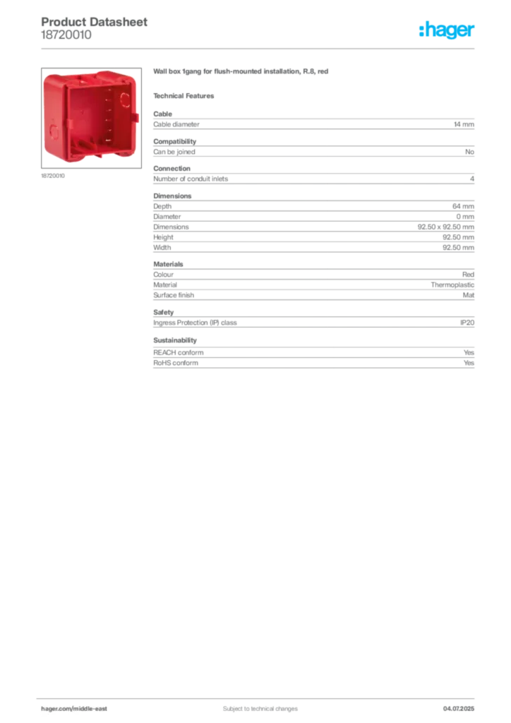 Image Hager Product data sheet 18720010  | Hager