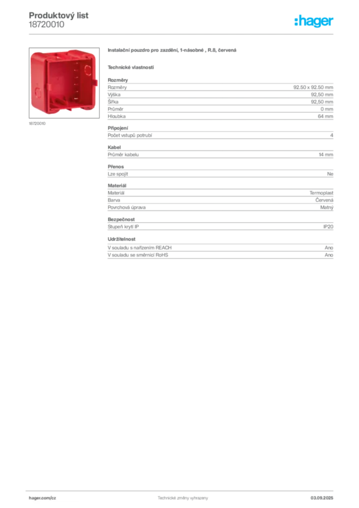 Obrázek Hager Produktový list 18720010 | Hager