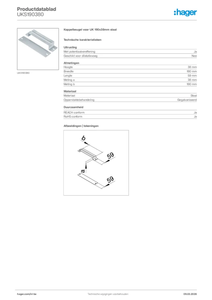 Afbeelding Hager Productdatablad UKS190380 | Hager Belgium