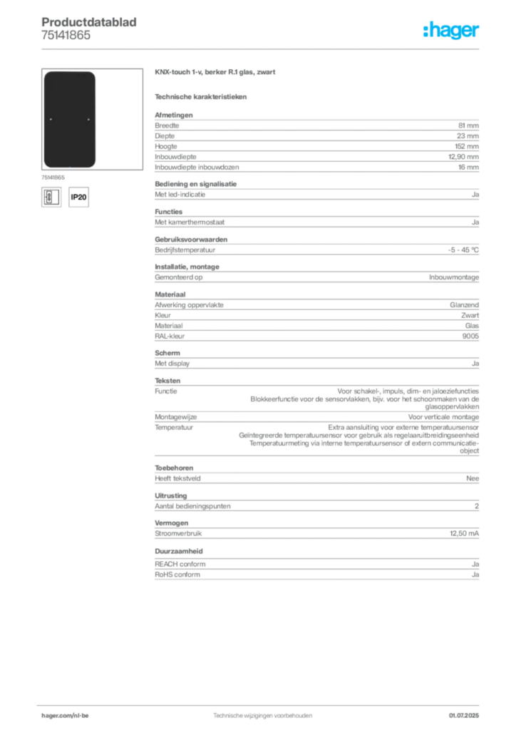 Afbeelding Hager Productdatablad 75141865 | Hager Belgium