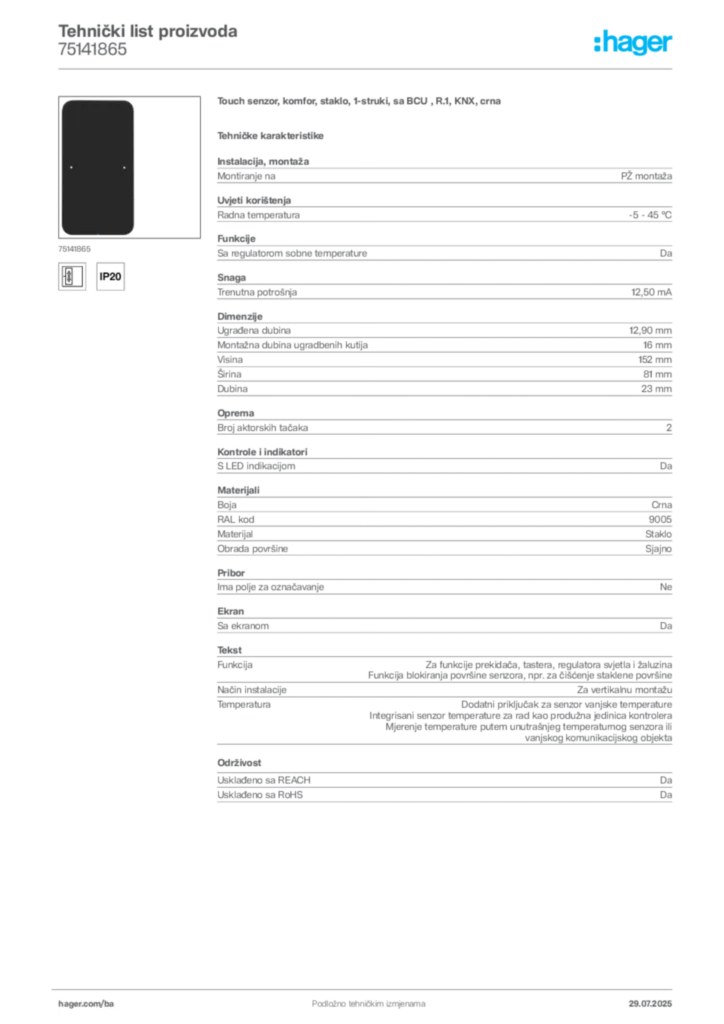 Slika Hager Product data sheet 75141865  | Hager