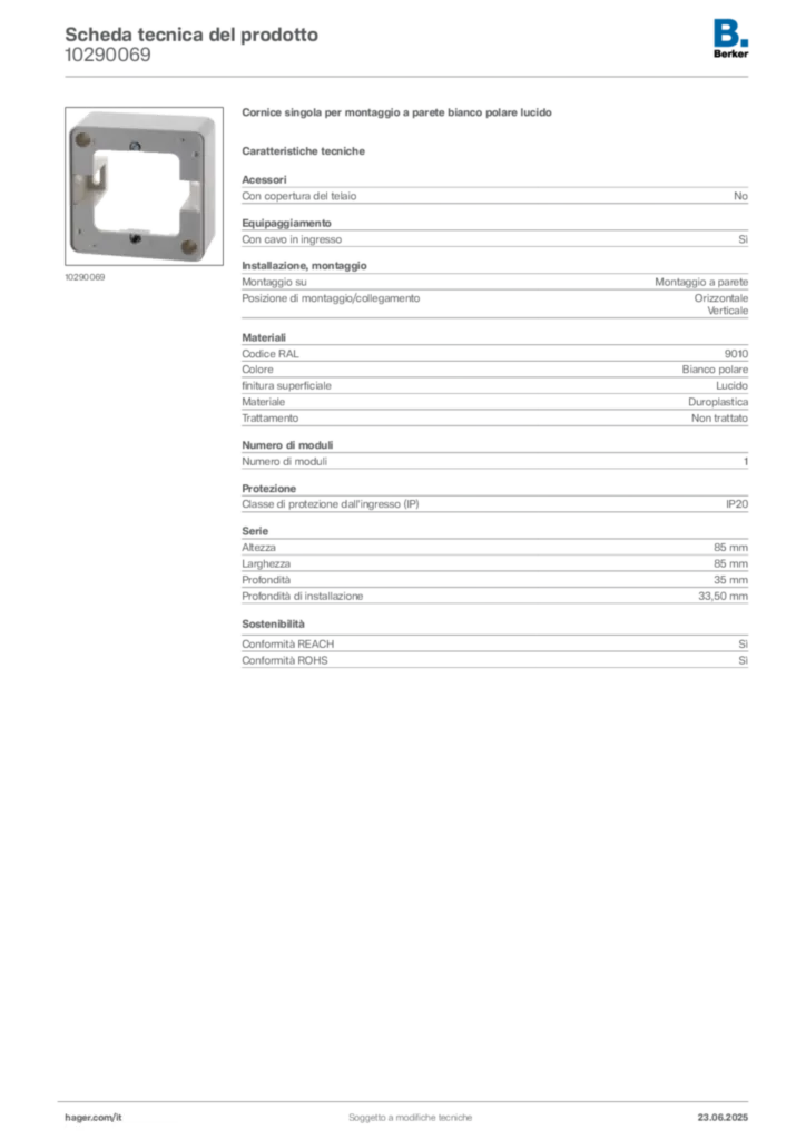 Immagine Berker Scheda tecnica del prodotto 10290069 | Hager Italia