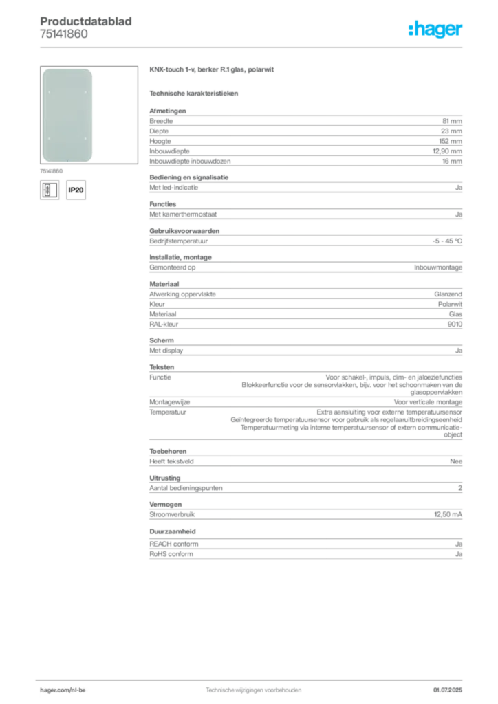 Afbeelding Hager Productdatablad 75141860 | Hager Belgium