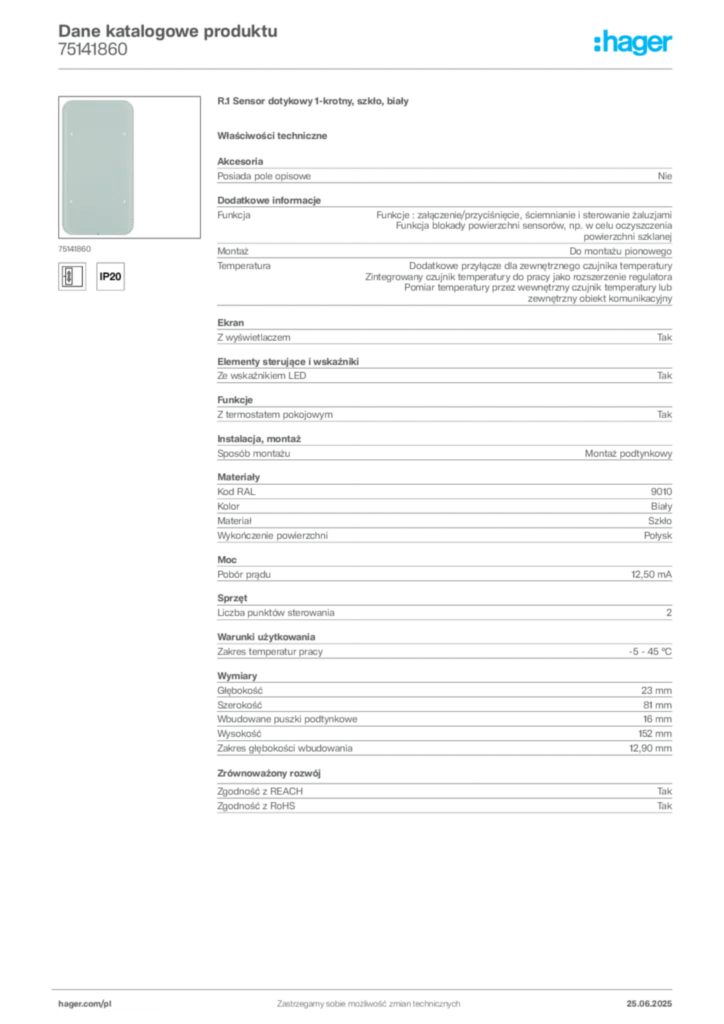 Zdjęcie Hager Karta katalogowa 75141860 | Hager Polska