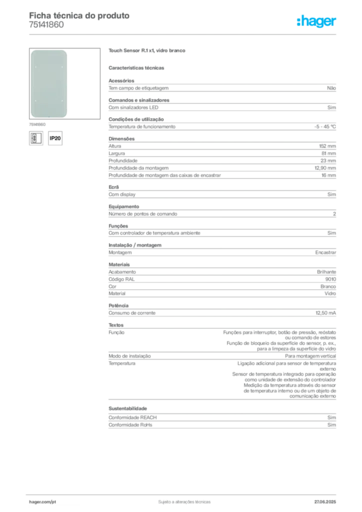 Imagem Hager Ficha técnica do produto 75141860 | Hager Portugal