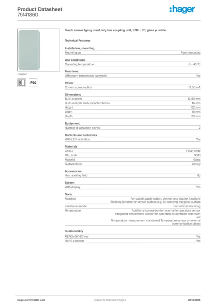 Image Hager Product data sheet 75141860  | Hager