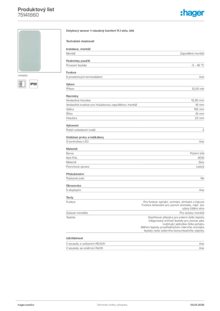 Obrázek Hager Product data sheet 75141860 | Hager