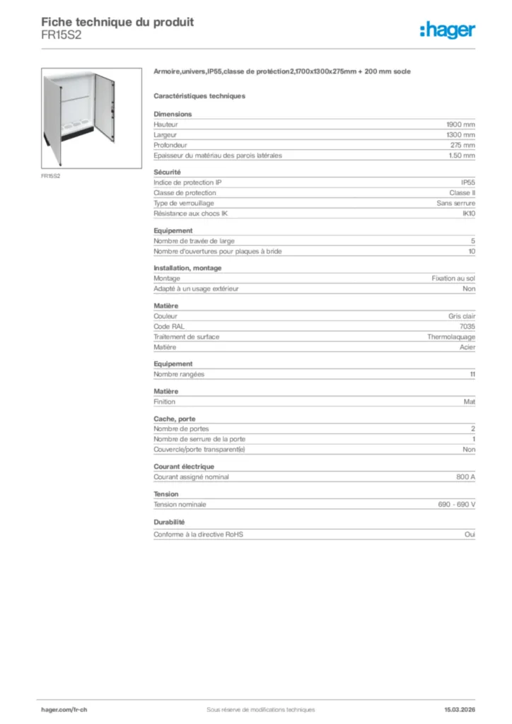 Image Hager Fiche technique du produit FR15S2 | Hager Suisse