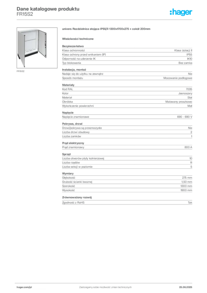 Zdjęcie Hager Karta katalogowa FR15S2 | Hager Polska
