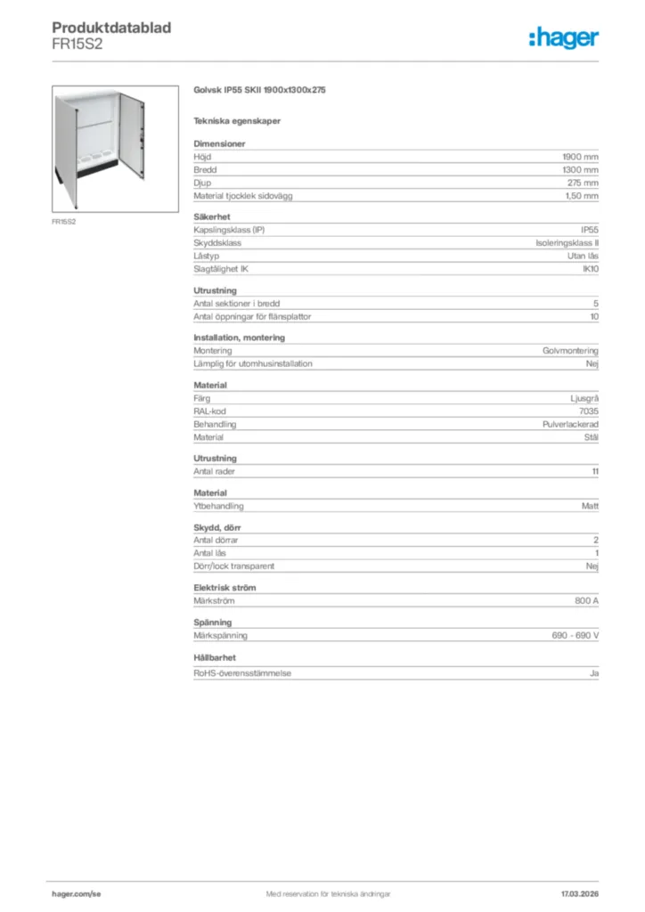 Bild Hager Produktdatablad FR15S2 | Hager Sverige