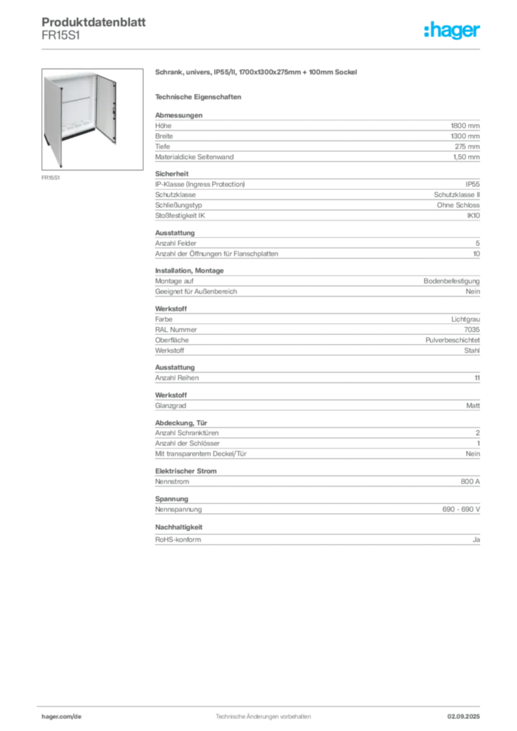 Hager Produktdatenblatt FR15S1