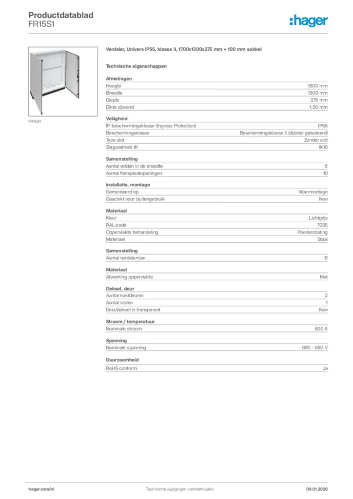 Afbeelding Hager Productdatablad FR15S1 | Hager Nederland