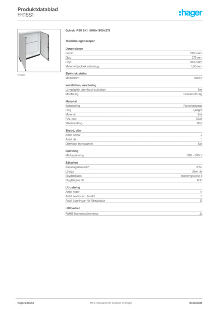 Bild Hager Produktdatablad FR15S1 | Hager Sverige