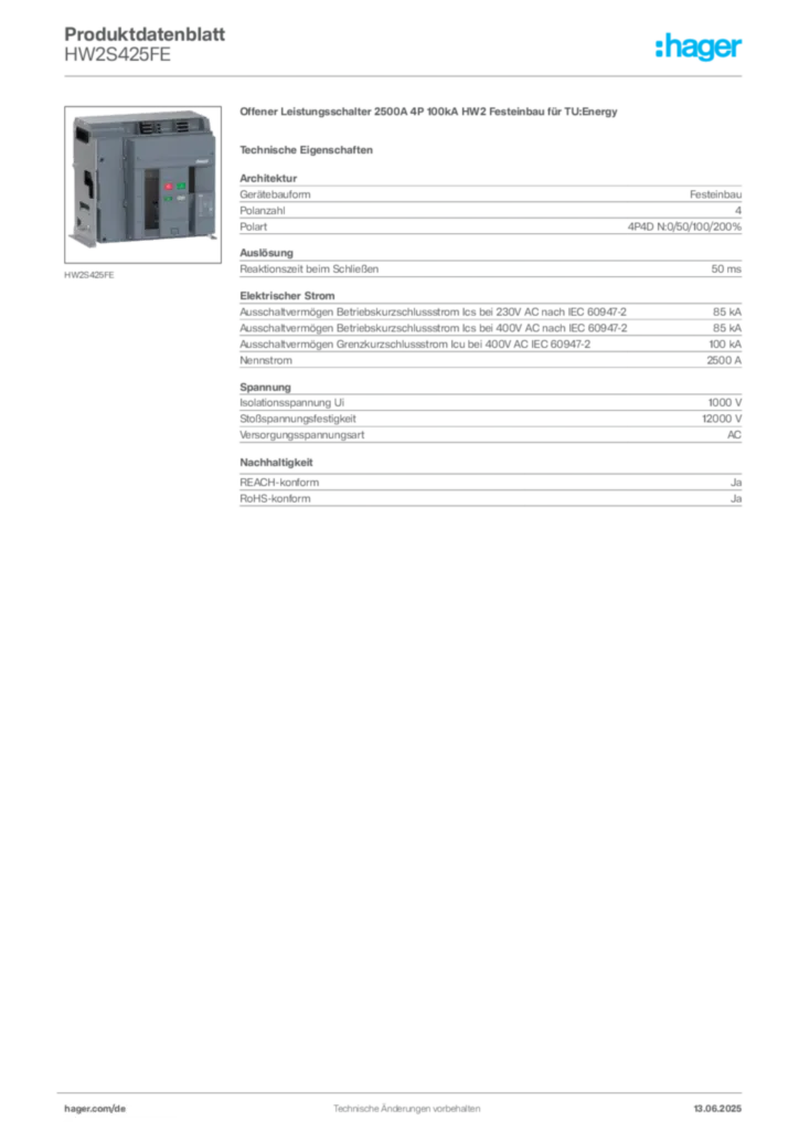 Bild Hager Produktdatenblatt HW2S425FE | Hager Deutschland