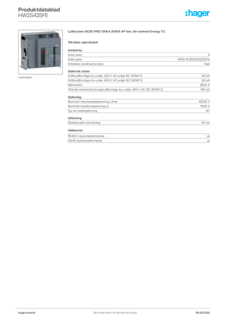 Bild Hager Produktdatablad HW2S425FE | Hager Sverige