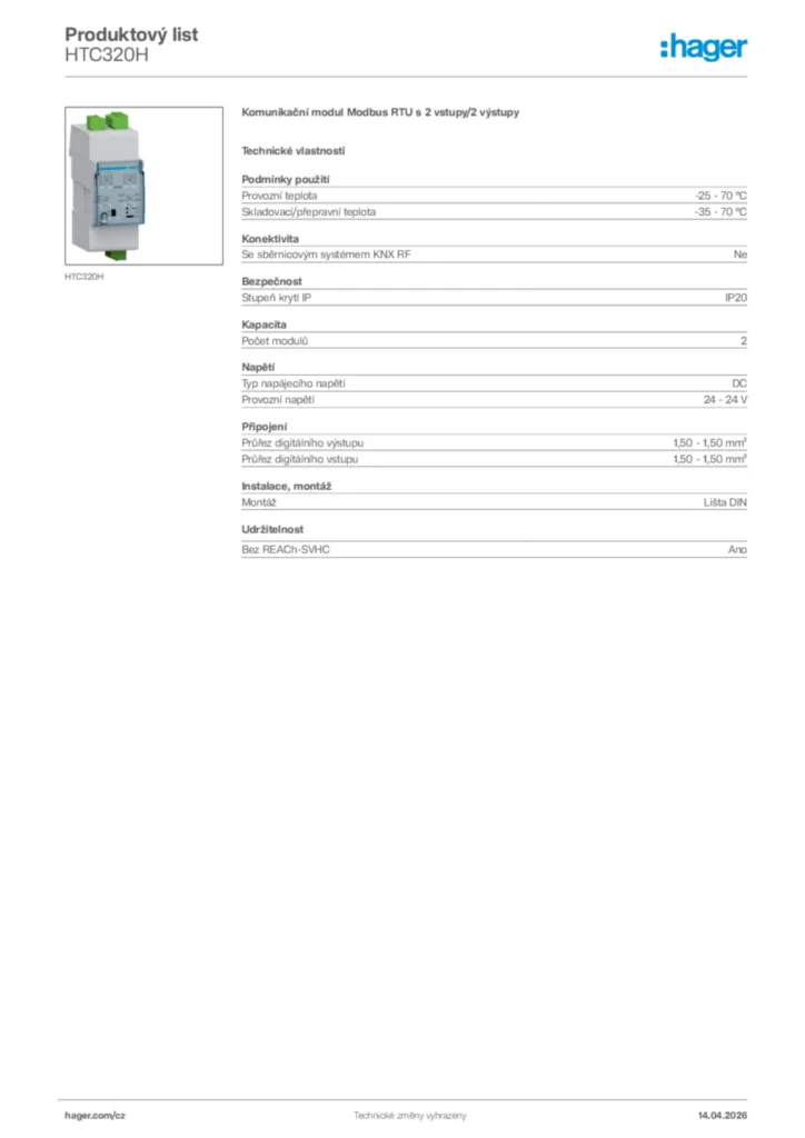 Obrázek Hager Product data sheet HTC320H | Hager