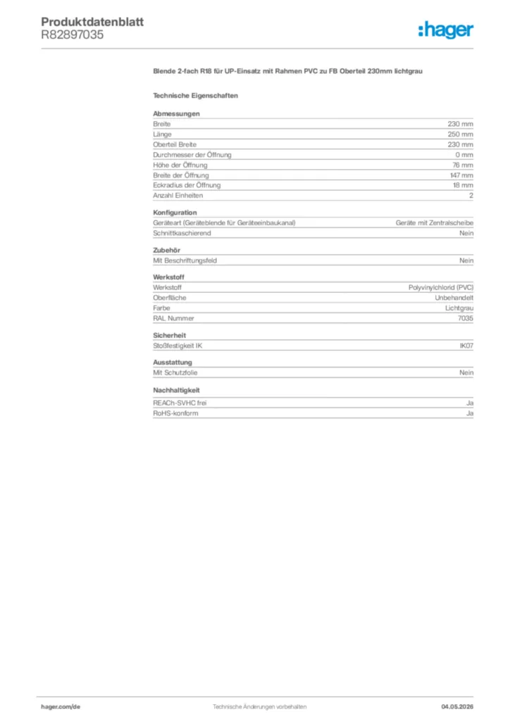 Bild Hager Produktdatenblatt R82897035 | Hager Deutschland
