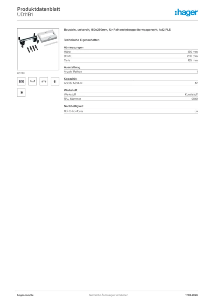 Bild Hager Produktdatenblatt UD11B1 | Hager Deutschland