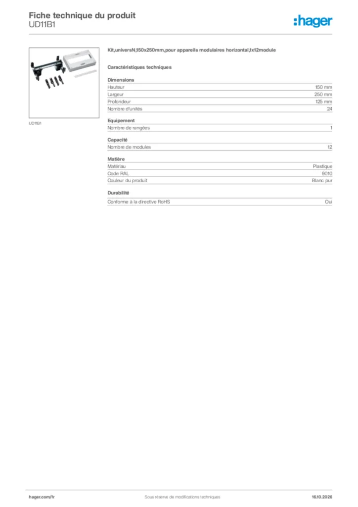 Image Hager Fiche technique du produit UD11B1 | Hager France
