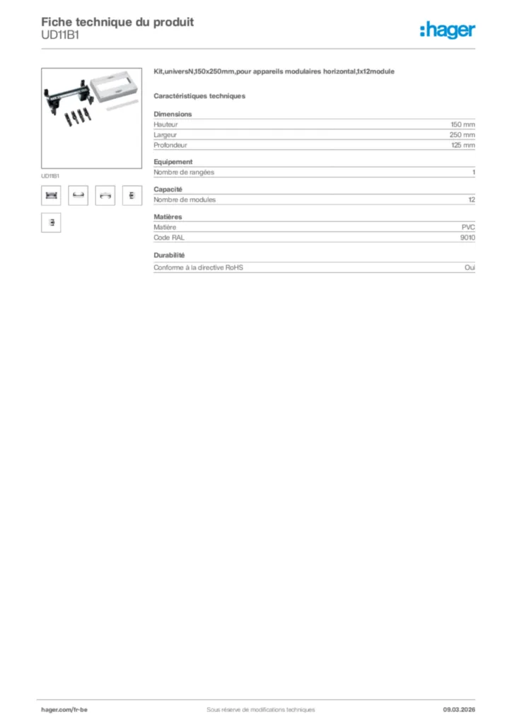 Image Hager Fiche technique du produit UD11B1 | Hager Belgique