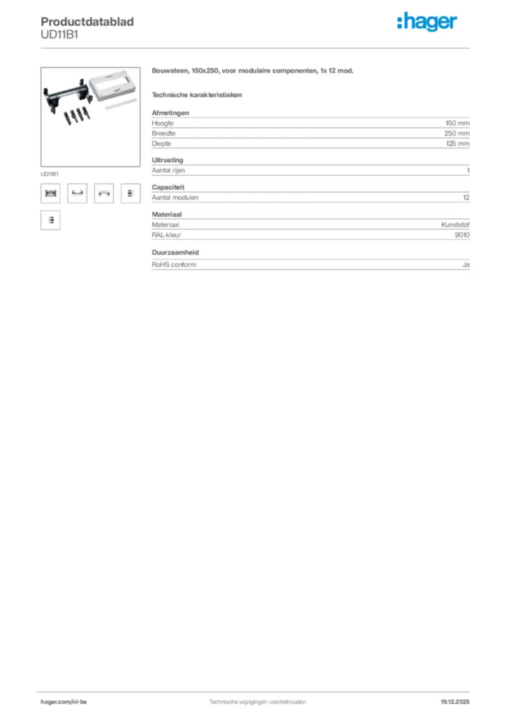 Afbeelding Hager Productdatablad UD11B1 | Hager Belgium