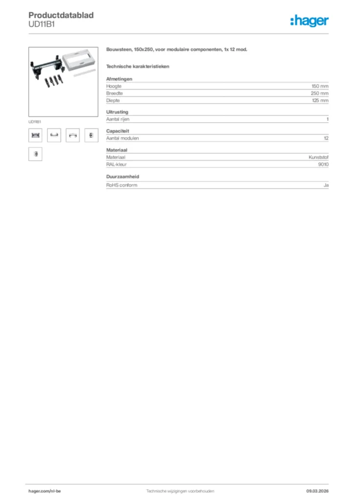 Afbeelding Hager Productdatablad UD11B1 | Hager Belgium