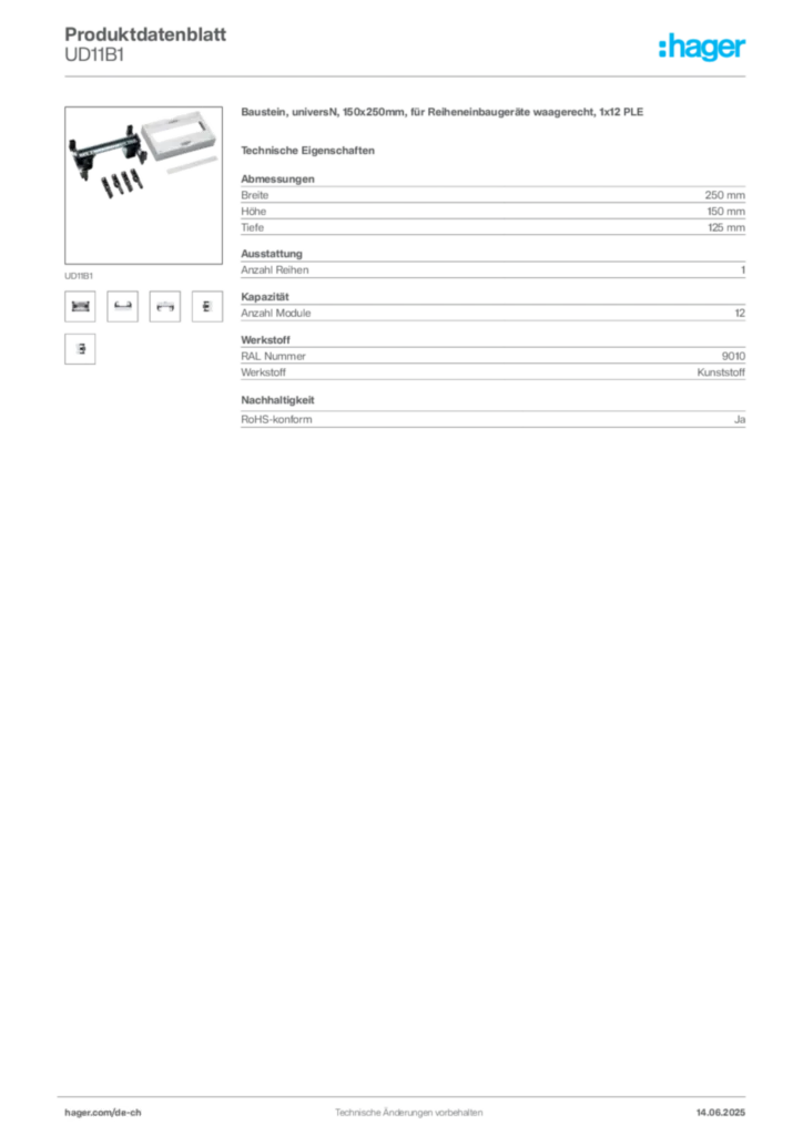 Bild Hager Produktdatenblatt UD11B1 | Hager Schweiz
