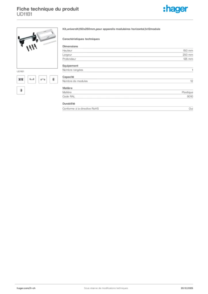 Image Hager Fiche technique du produit UD11B1 | Hager Suisse