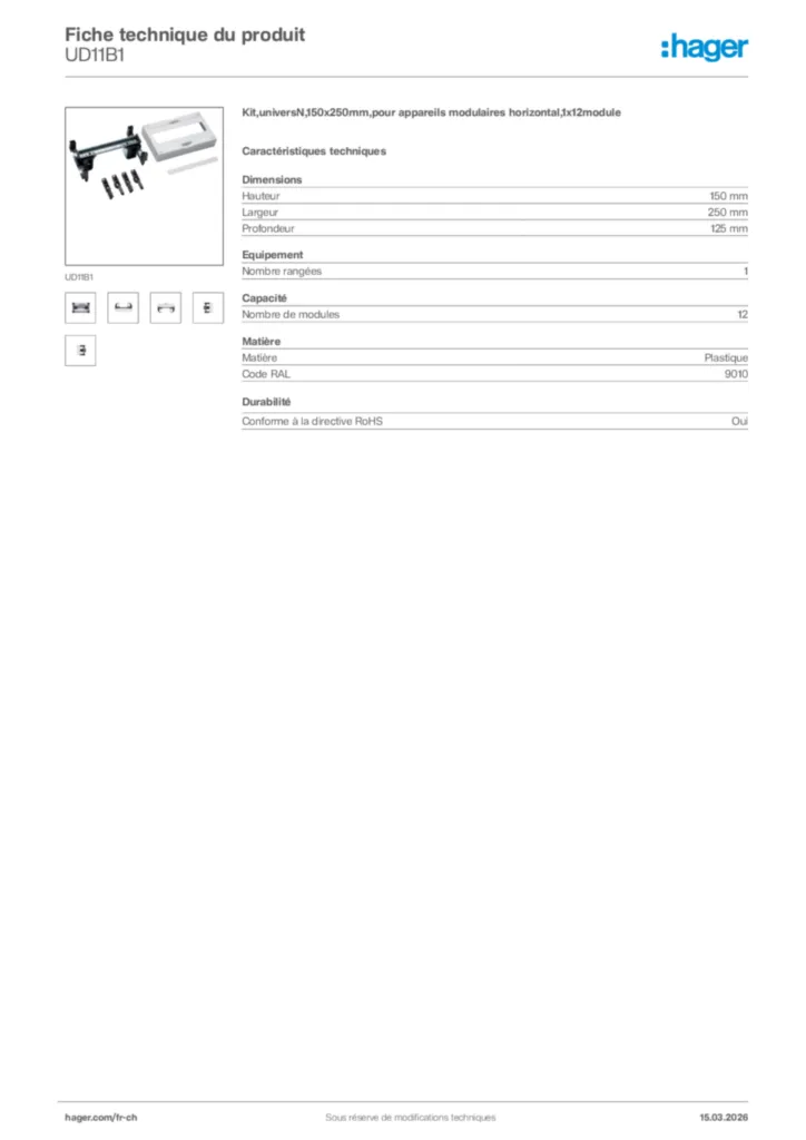 Image Hager Fiche technique du produit UD11B1 | Hager Suisse