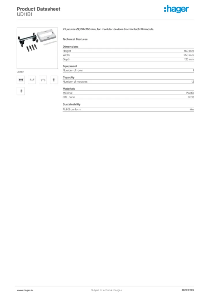 Image Hager Product data sheet UD11B1  | Hager