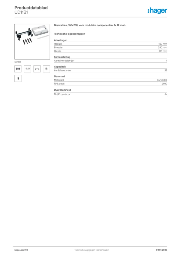 Afbeelding Hager Productdatablad UD11B1 | Hager Nederland