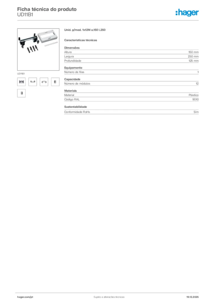 Imagem Hager Ficha técnica do produto UD11B1 | Hager Portugal