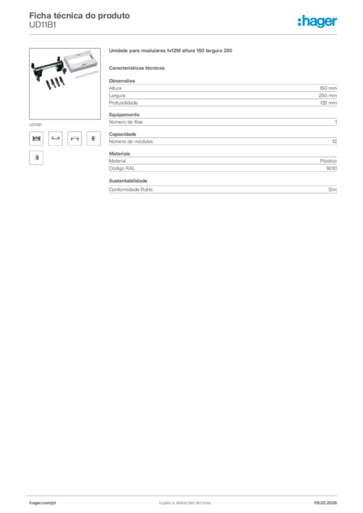 Imagem Hager Ficha técnica do produto UD11B1 | Hager Portugal