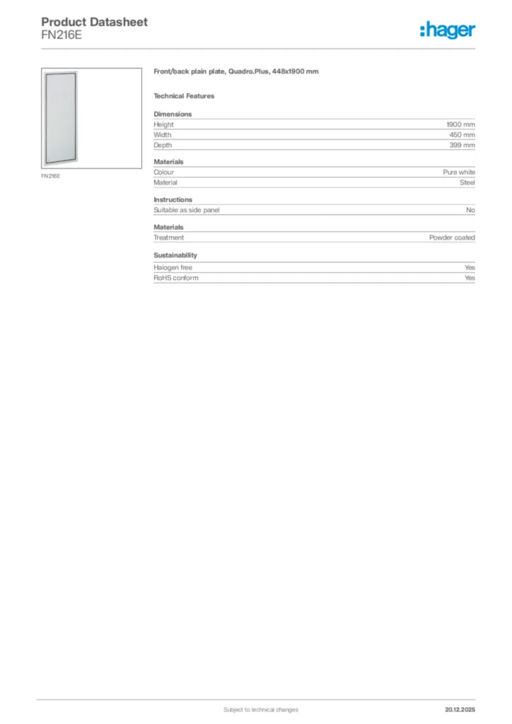 Image Hager Product data sheet FN216E  | Hager Africa
