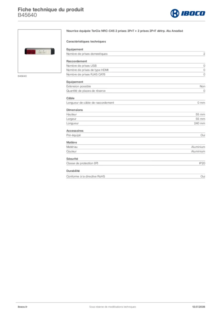 Image Iboco Fiche technique du produit B45640 | Hager France