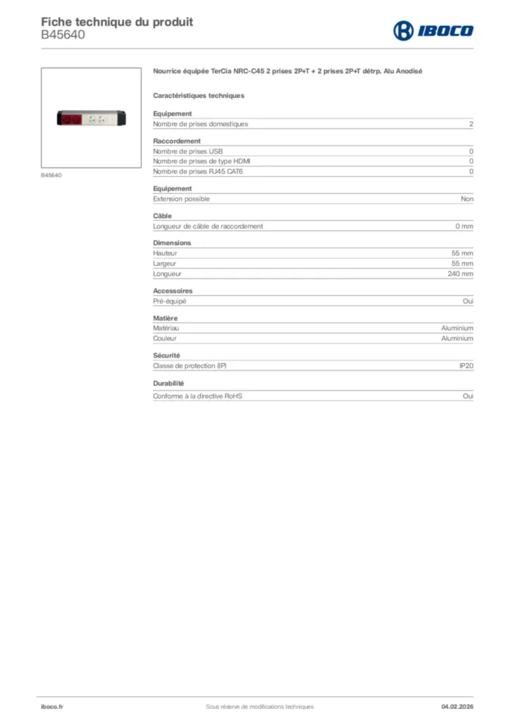 Image Iboco Fiche technique du produit B45640 | Hager France