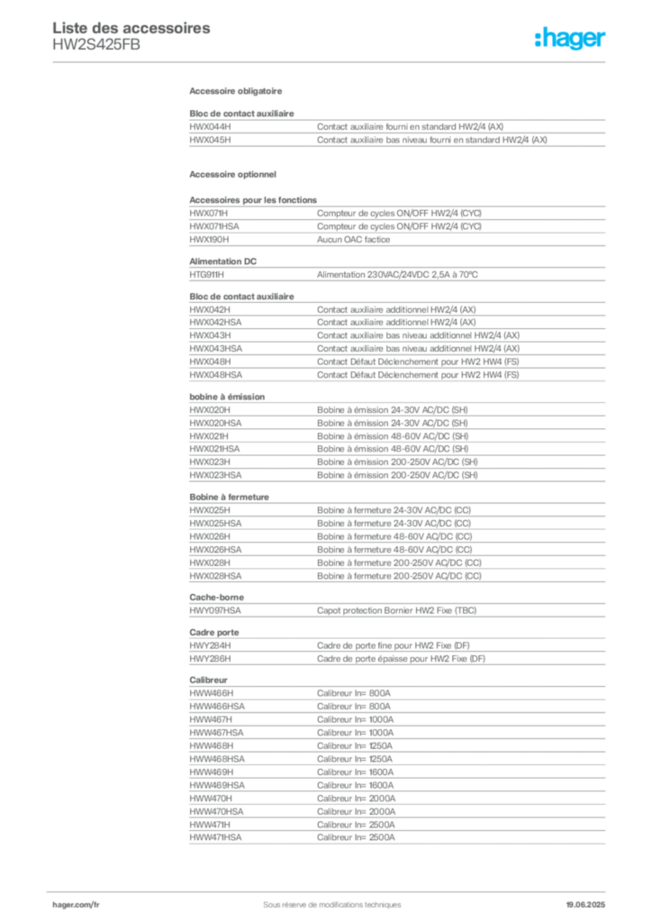 Image Hager Fiche technique du produit HW2S425FB | Hager France